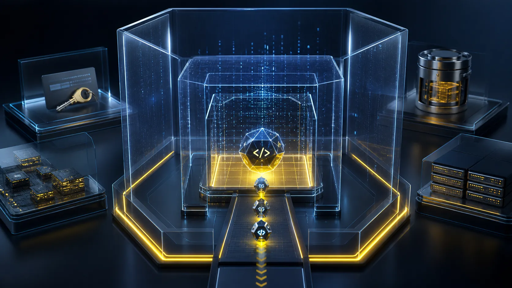 Un núcleo de agente de inteligencia artificial aislado dentro de capas de seguridad, lejos de llaves y datos