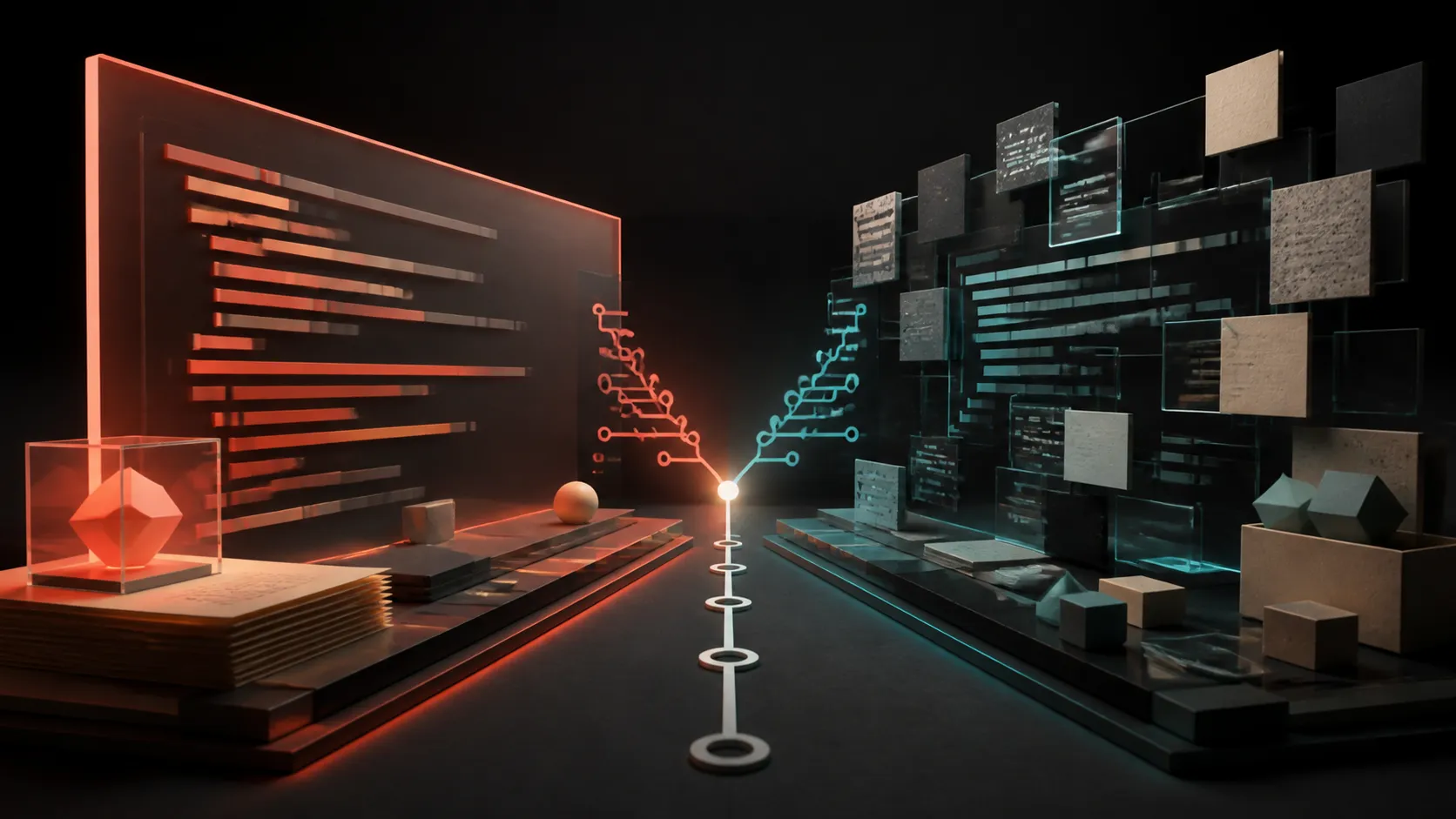Dos estructuras de terminal en colores coral y cian enfrentadas alrededor de una bifurcación de código