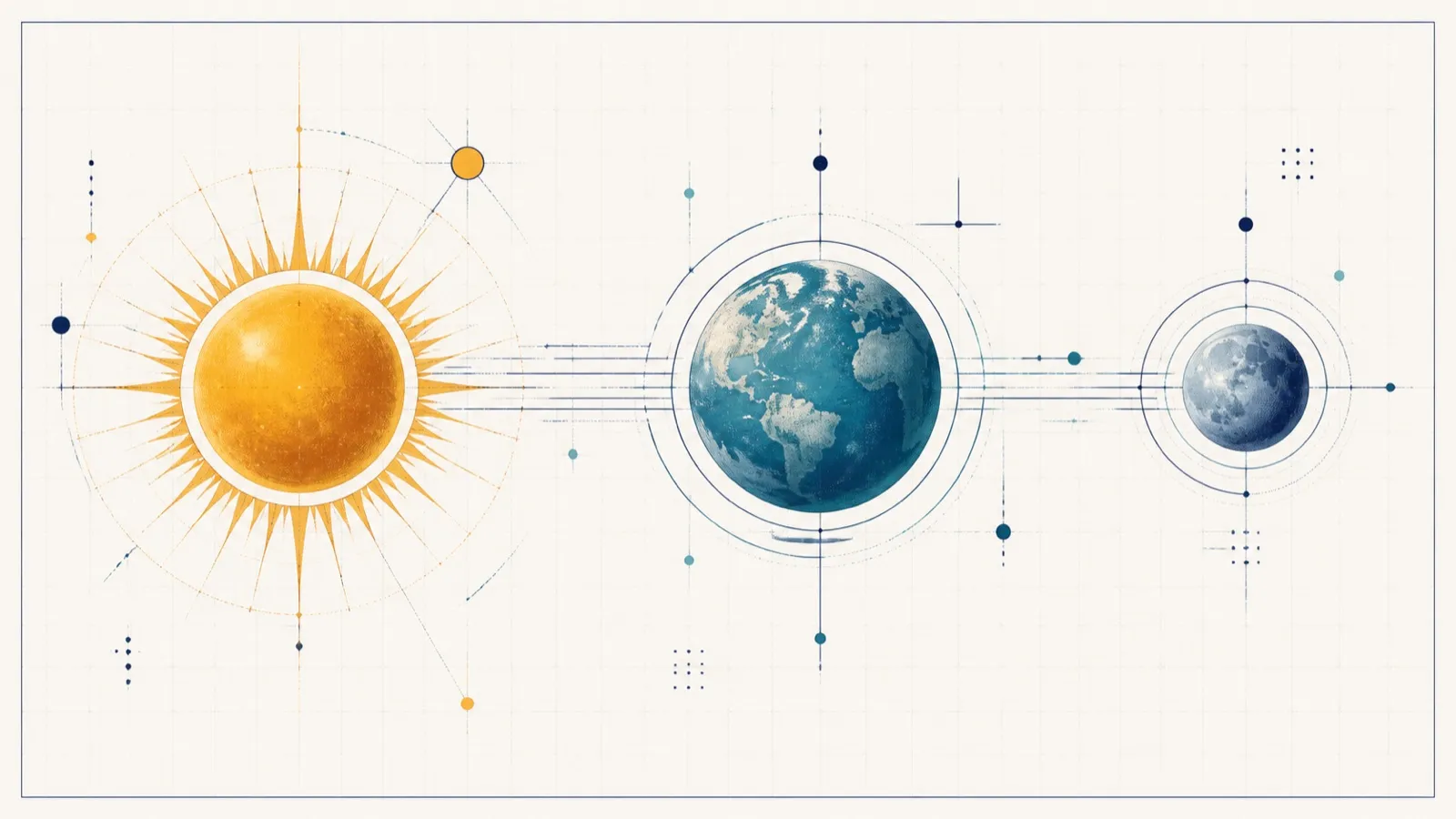 Ilustración editorial de un sol, la Tierra y la Luna conectados como tres niveles de una misma familia de inteligencia artificial