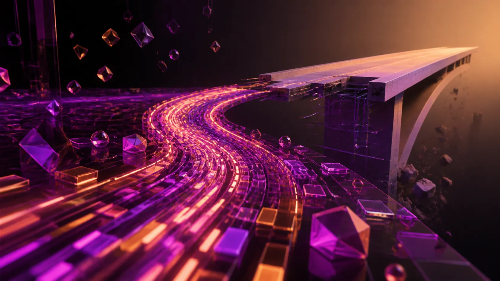 Una corriente de código neón avanza hacia un puente digital todavía incompleto